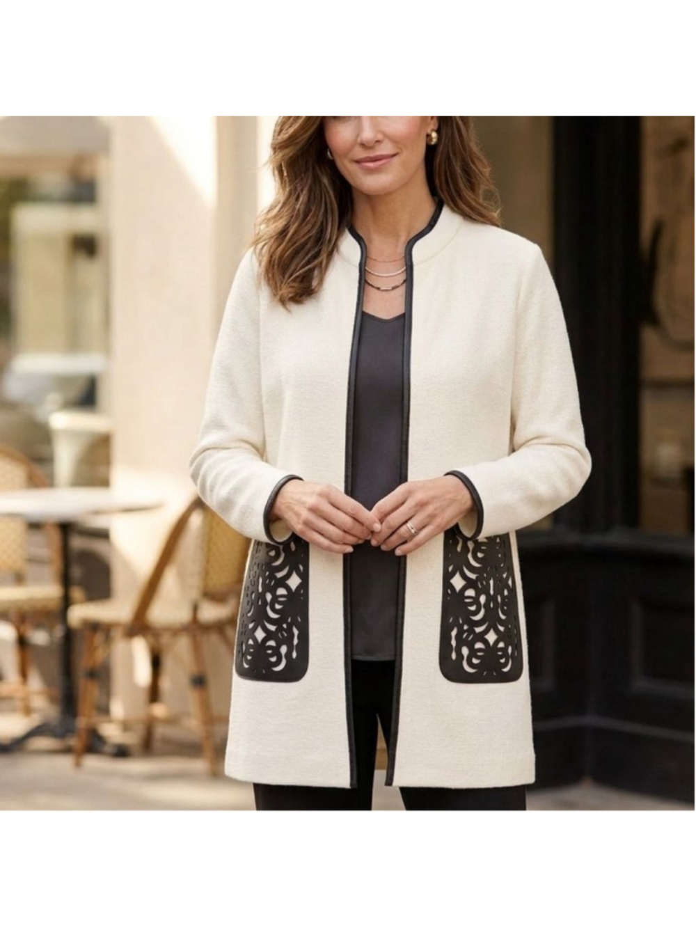 Chico’s Wool Blend Longline Cardigan Jacket - Faux Leather Laser Cut Pockets Sz1